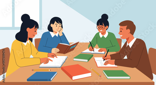 Group of Students Studying Together Around Table.