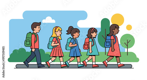 Group of Children Walking to School.