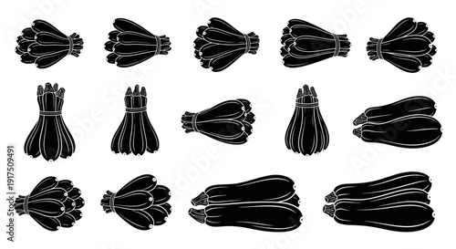 Black and white illustration of various bundles of asparagus on a plain background