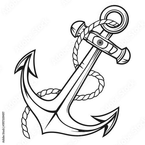 Classic nautical anchor illustration drawn in bold black outline featuring a thick rope wrapped securely around the top shackle ready for maritime adventure.