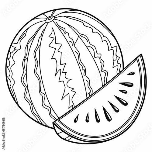 Simple black and white outline illustration featuring a whole watermelon fruit resting next to a tempting triangular slice ready for coloring activities.