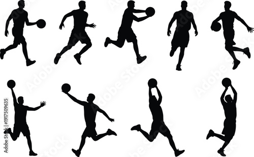 Basketball player silhouette set in different action poses, dribbling, running, jumping and shooting ball, black sport vector illustration isolated on white background.