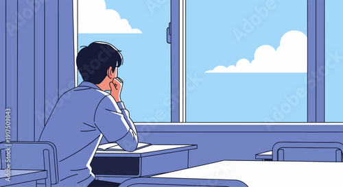 Man Sitting at Desk Looking Out Window.