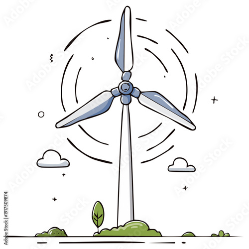 Illustrated wind turbine generating clean energy on a sunny day