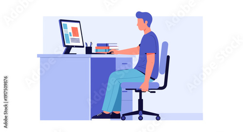 Man Sitting at Desk Using Computer.