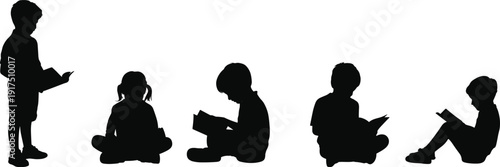 Children reading book silhouette set, kids sitting and standing with books, education and learning concept, black student vector illustration isolated on white background.