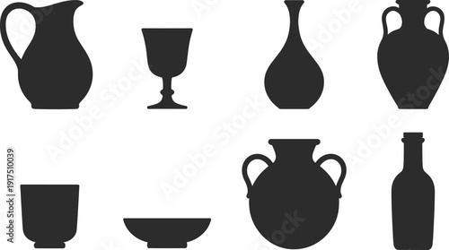 Ceramic pottery silhouette set with vase, jug, bottle, cup and bowl, ancient clay vessel collection, black vector illustration isolated on white background.