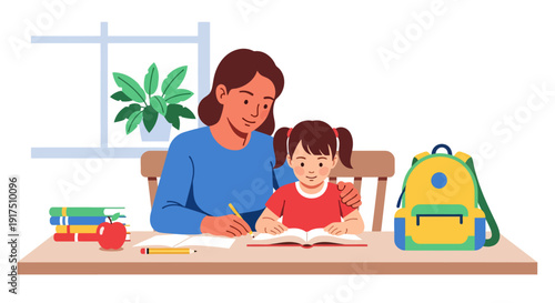 Mother Assisting Young Daughter with Homework.