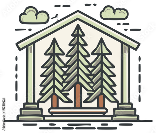 Simple Pine Trees Stand in an Open White Structure Against Pale Clouds