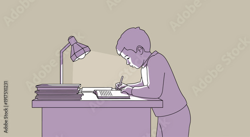 Person Working at Desk with Lamp.
