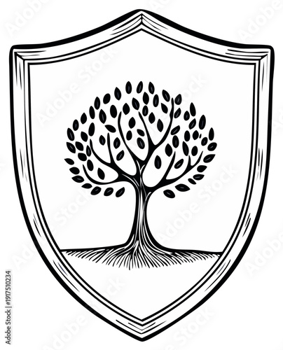 Heraldic Shield with Stylized Tree of Life and Roots