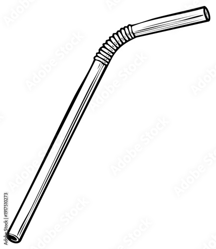 Bendy drinking straw black and white line art illustration isolated vector