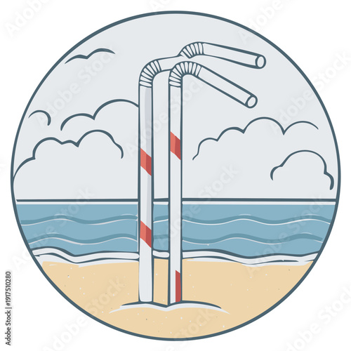 Plastic straws stuck on a sandy beach near ocean waters with cloudy skies