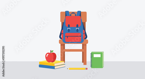 School Bag on Chair with Books and Apple.