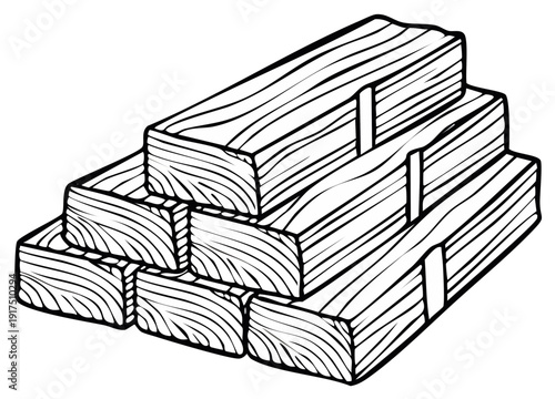 Stacked wooden lumber beams in a line art illustration style