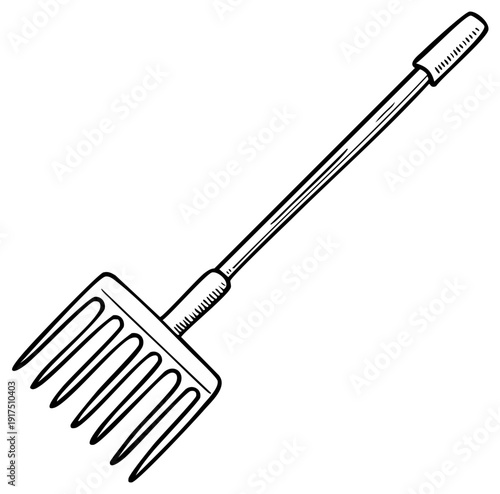 Hand drawn illustration of a gardening rake tool for landscaping and yard work