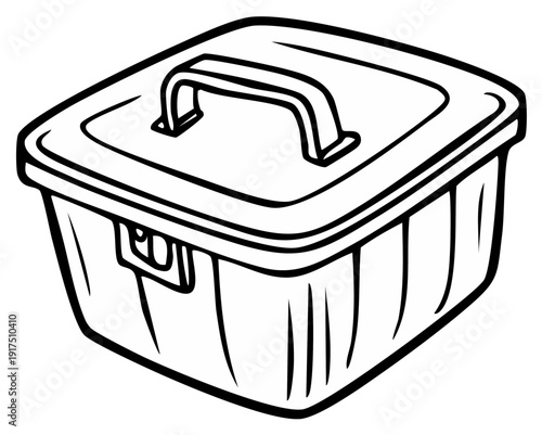 Cartoon style outline illustration of a plastic storage container with handle