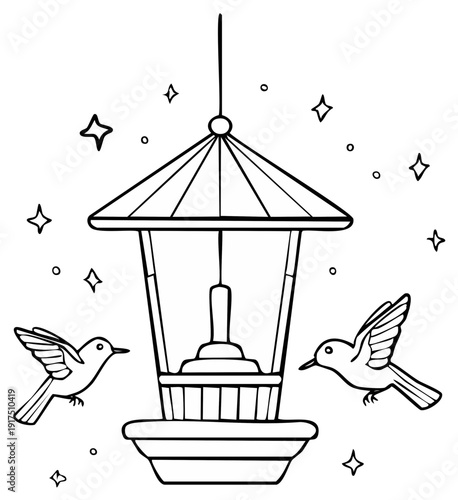 Whimsical outline illustration of two birds flying towards a hanging bird feeder with sparkles