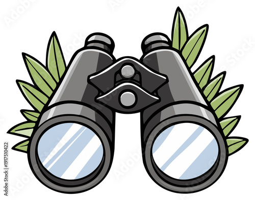 Cartoon binoculars with leaves, bird watching, adventure, travel, exploration