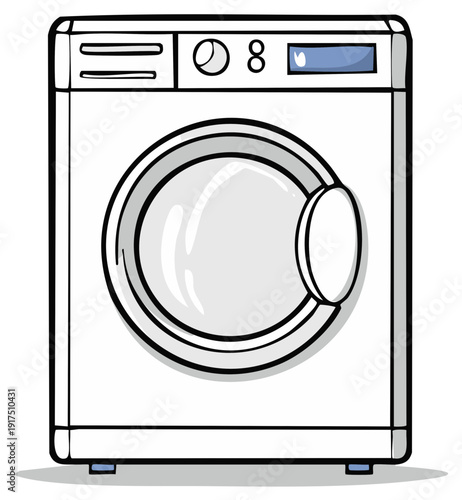 Simple cartoon illustration of a white front-loading washing machine with a round door and controls