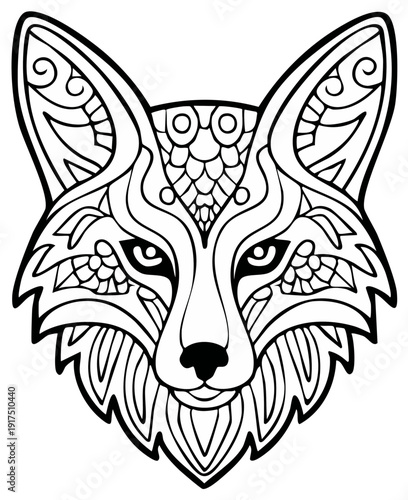 Intricate Black and White Fox Head with Ornamental Patterns Zentangle Style