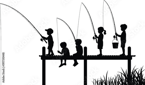 Children fishing on wooden pier silhouette, black and white vector illustration of kids with rods and bucket isolated on light background