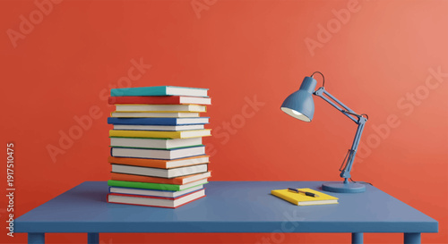 Stack of Books and Desk Lamp.