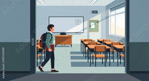 Student Entering Empty Classroom with Backpack.