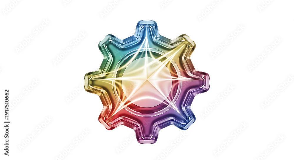 Fototapeta premium Rainbow colored metallic gear with starburst light effect ultra clear glass morphism icon premium 3d crystal ui element transparent background isolated object... isolated on a transparent background
