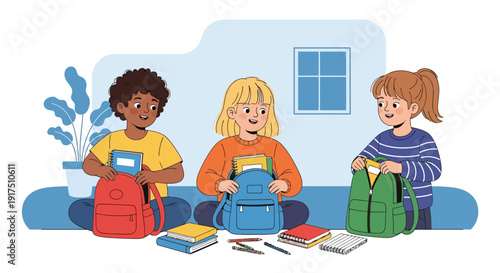 Three Children Preparing School Bags.