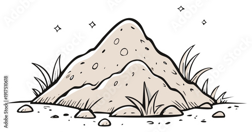 Cartoon drawing of sand pile with grass and pebbles on a white background