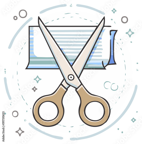 Scissors cutting paper strip with lines, concept of editing, reduction, or coupon clipping