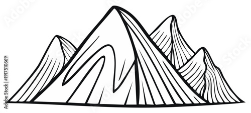 Stylized Mountain Range Graphic with Bold Outline and Linear Texture Detail