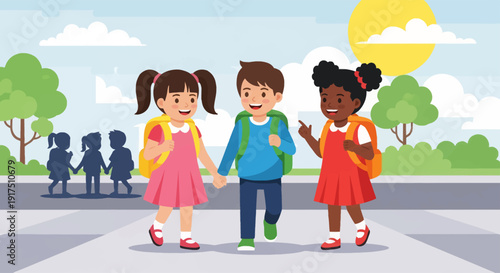 Three Children Standing Together Holding Hands.