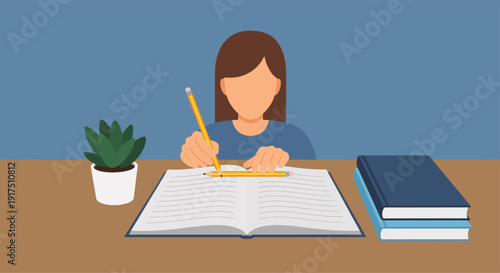 Woman Writing in Notebook with Pencil.
