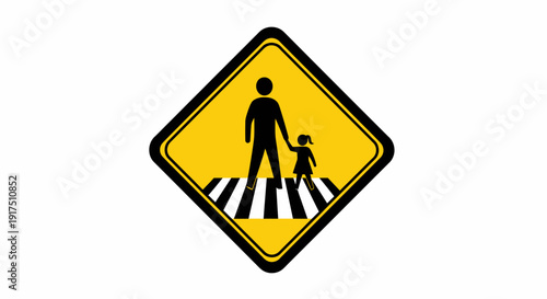 Yellow Warning Sign with Pedestrian Crossing.