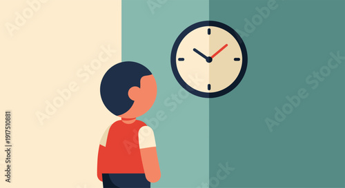 Young Boy Looking at Wall Clock.