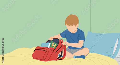 Young boy packing red school bag on bed.