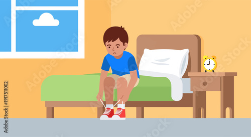Young Boy Sitting on Hospital Bed.