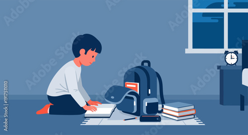 Young Boy Studying with Backpack and Books.