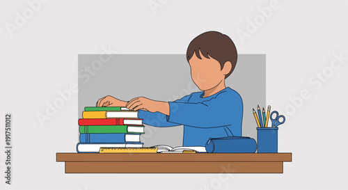 Young Boy Studying with Books and Laptop.