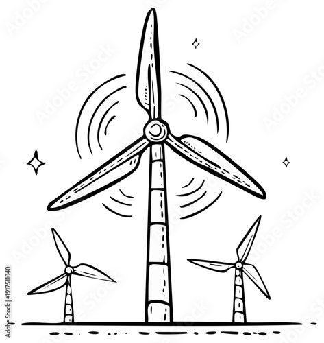 Illustrated wind turbines generating clean energy for sustainability