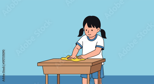 Young Girl Cleaning Desk with Yellow Cloth.
