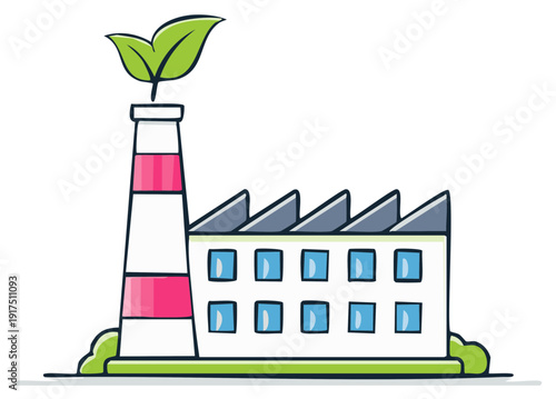 Cartoon factory with green leaves on top of the smokestack representing eco-friendliness