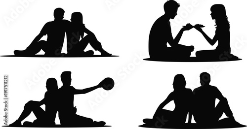 Romantic couple silhouette set sitting together, picnic and relaxing poses, love relationship concept, man and woman outdoor leisure, black vector illustration isolated on white.
