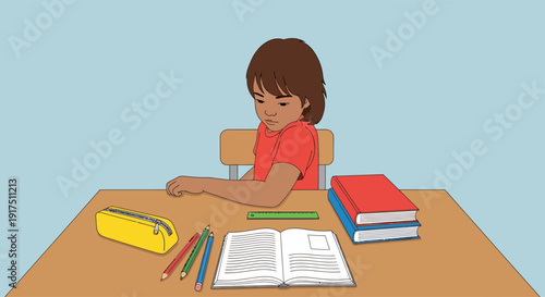 Young Girl Studying with Books and Pencils.