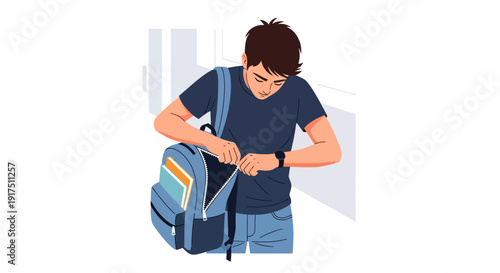Young man adjusting blue backpack straps.