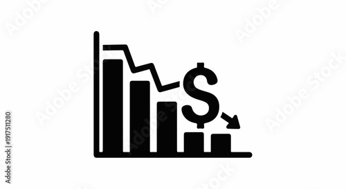 Bar chart with a declining trend line, dollar sign, and downward arrow icon