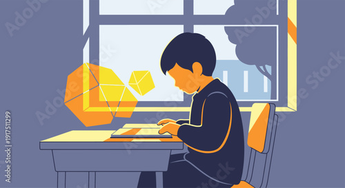 Young Man Sitting at Desk Writing.