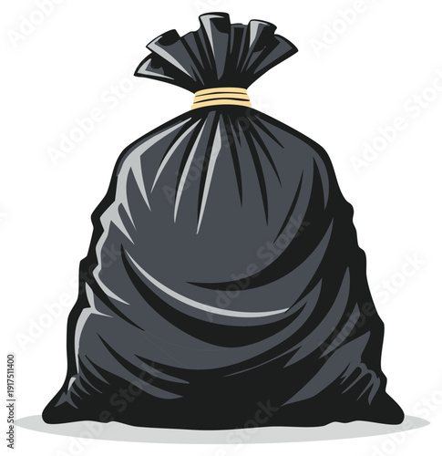 Black garbage bag tied with yellow twine vector illustration